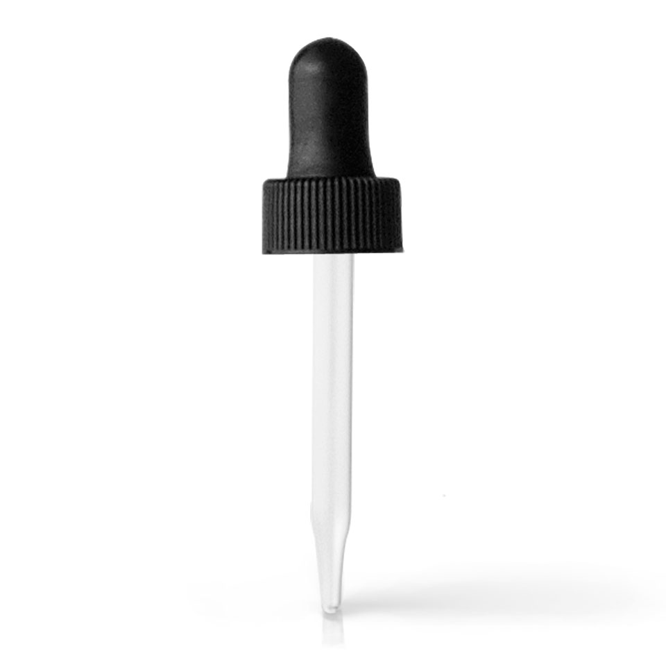 Black 22 mm dropper assembly with rubber bulb and glass pipette (matching 120 ml boston round) - 1600 Units @ $0.25 Per Dropper